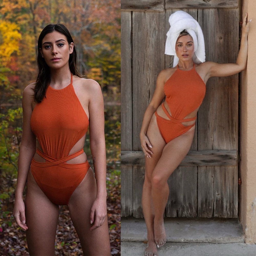 Monarch Reign Intrigue Bandage Ribbed Cut Out Swimsuit Burnt Orange NEW with tag